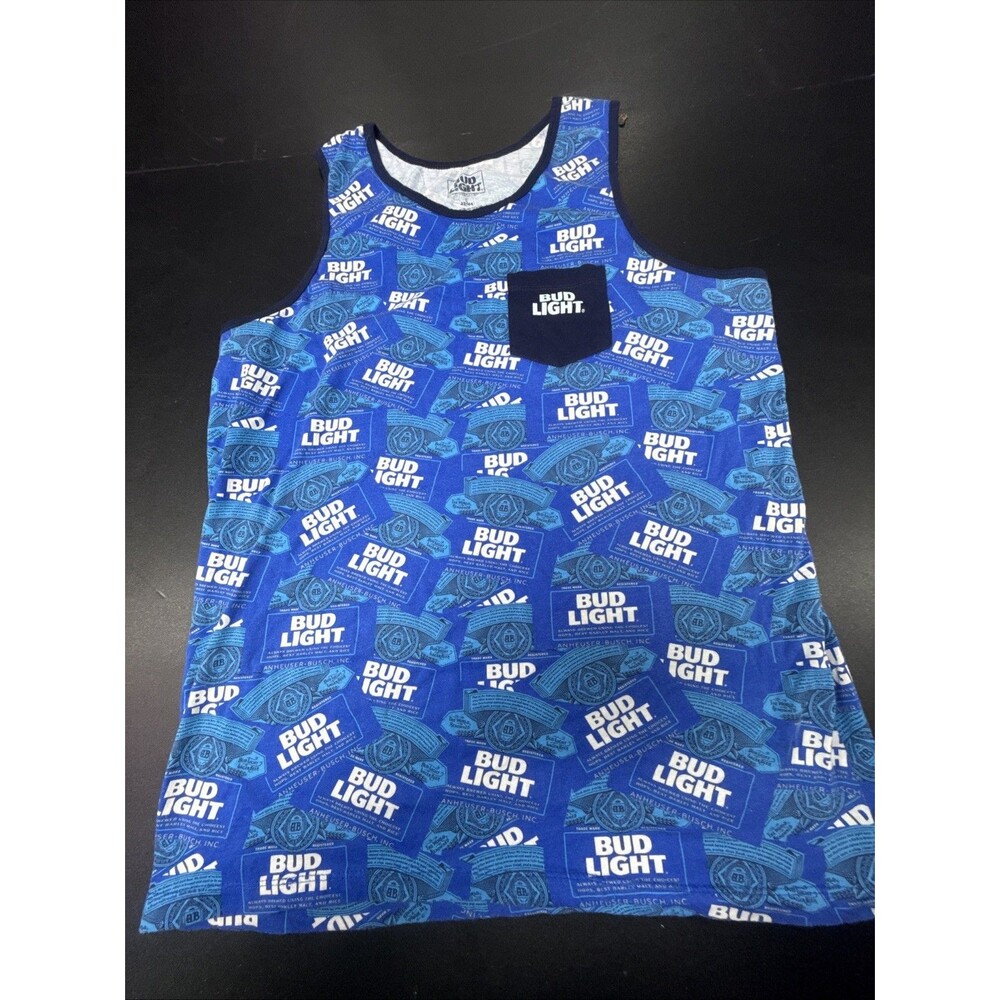 Bud Light Men Shirt Large Blue Tank Top Pocket Allover Print Sleeveless Pullover